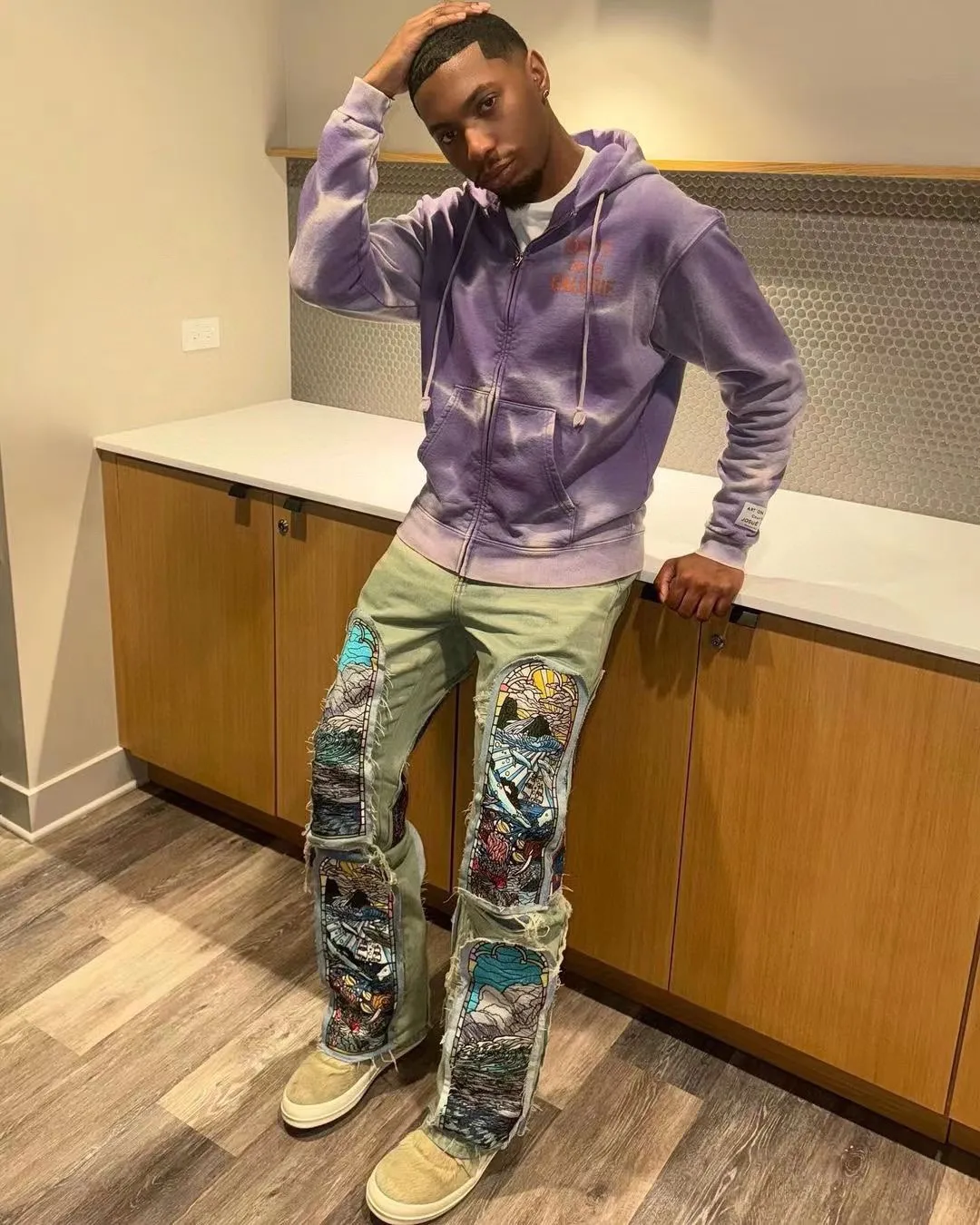The same style as the owner GALLERY DEPT. FRENCH ZIP HOODIE water corrugated French zipper hole hoodie, sun washed purple, washed purple S-XL, ready-to-wear dyeing, hand-stitched and heavy-weighted, faded, super-heavy washing, hand-hanging holes, bone edges turned white, molded and customized with G LOGO zipper
